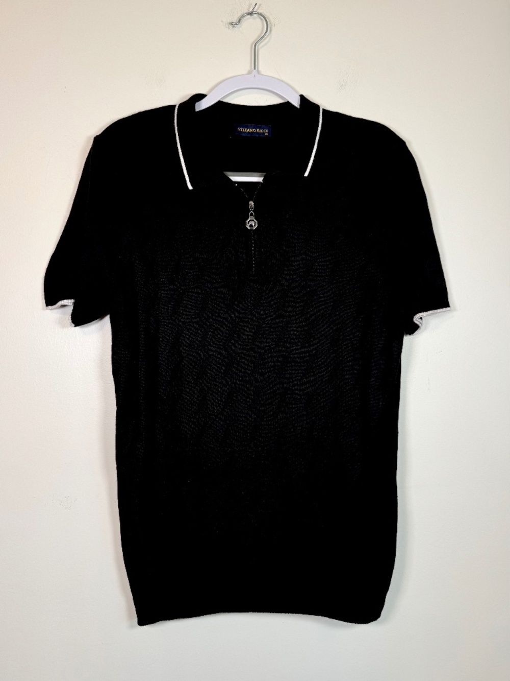 Stefano Ricci Jacquard Knit Zip Collared Polo Short Sleeve - Black | Size M